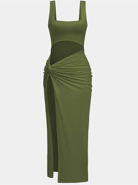 Micas Olive Cutout Knot-Detail High-Low Maxi Dress Solid Twist Front CutOut